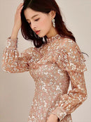 SETTAN/ブラウン/パープル/レース/長袖/Aライン/ミディアムドレス/ワンピース/大きいサイズあり/S2563