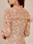 SETTAN/ブラウン/パープル/レース/長袖/Aライン/ミディアムドレス/ワンピース/大きいサイズあり/S2563