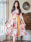 ERUKEI/S33244/フラワープリント/ノースリーブ/Aライン/花柄プリント/ハイウエスト/ワンピース/ドレス/ミディアム/ウエストリボン