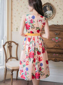 ERUKEI/S33244/フラワープリント/ノースリーブ/Aライン/花柄プリント/ハイウエスト/ワンピース/ドレス/ミディアム/ウエストリボン