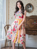 ERUKEI/S33244/フラワープリント/ノースリーブ/Aライン/花柄プリント/ハイウエスト/ワンピース/ドレス/ミディアム/ウエストリボン