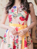 ERUKEI/S33244/フラワープリント/ノースリーブ/Aライン/花柄プリント/ハイウエスト/ワンピース/ドレス/ミディアム/ウエストリボン