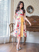 ERUKEI/S33244/フラワープリント/ノースリーブ/Aライン/花柄プリント/ハイウエスト/ワンピース/ドレス/ミディアム/ウエストリボン