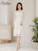 SETTAN/ホワイト/総レース/フレア/長袖/Aライン/ミディアムドレス/ワンピース/大きいサイズあり/S33250