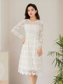 SETTAN/ホワイト/総レース/フレア/長袖/Aライン/ミディアムドレス/ワンピース/大きいサイズあり/S33250