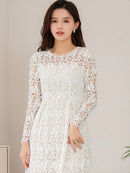 SETTAN/ホワイト/総レース/フレア/長袖/Aライン/ミディアムドレス/ワンピース/大きいサイズあり/S33250