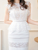 ERUKEI/S33255/ミニドレスワンピース/パーティー/結婚式/二次会/総レース/ペプラム/ノースリーブ