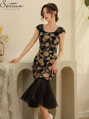 ERUKEI/S9003/ワンピース/パーティ/結婚式/二次会/ナイトドレス/ミニドレス/薔薇刺繍/マーメイドライン