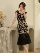 ERUKEI/S9003/ワンピース/パーティ/結婚式/二次会/ナイトドレス/ミニドレス/薔薇刺繍/マーメイドライン