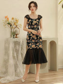 ERUKEI/S9003/ワンピース/パーティ/結婚式/二次会/ナイトドレス/ミニドレス/薔薇刺繍/マーメイドライン