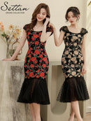 ERUKEI/S9003/ワンピース/パーティ/結婚式/二次会/ナイトドレス/ミニドレス/薔薇刺繍/マーメイドライン