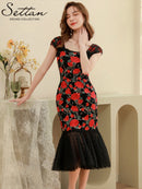 ERUKEI/S9003/ワンピース/パーティ/結婚式/二次会/ナイトドレス/ミニドレス/薔薇刺繍/マーメイドライン