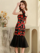 ERUKEI/S9003/ワンピース/パーティ/結婚式/二次会/ナイトドレス/ミニドレス/薔薇刺繍/マーメイドライン