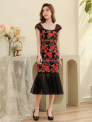 ERUKEI/S9003/ワンピース/パーティ/結婚式/二次会/ナイトドレス/ミニドレス/薔薇刺繍/マーメイドライン