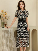 ブラック×ホワイト・フラワーレース・スカラップレース・首元リボン・ミディアムワンピース [C33038]