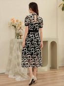 ブラック×ホワイト・フラワーレース・スカラップレース・首元リボン・ミディアムワンピース [C33038]