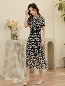 ブラック×ホワイト・フラワーレース・スカラップレース・首元リボン・ミディアムワンピース [C33038]