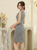 ERUKEI/E1369/タイトワンピース/パーティ/結婚式/二次会/ナイトドレス/ツイード/ミニドレス