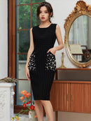 ERUKEI/E1512/ワンピース/パーティ/結婚式/二次会/ミディアムドレス/キャバドレス/ピンストライプ/ポケット付き