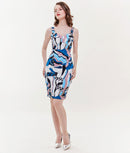 [送料無料][GINZA COUTURE]オレンジ・ブルー・タイト・ジオメトリック柄・プリント・ミニドレス・ワンピース[大きいサイズあり] [e31202]