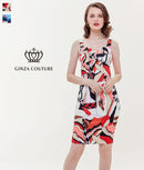 [送料無料][GINZA COUTURE]オレンジ・ブルー・タイト・ジオメトリック柄・プリント・ミニドレス・ワンピース[大きいサイズあり] [e31202]