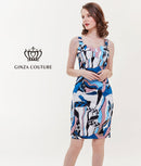 [送料無料][GINZA COUTURE]オレンジ・ブルー・タイト・ジオメトリック柄・プリント・ミニドレス・ワンピース[大きいサイズあり] [e31202]