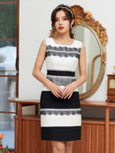 ホワイト×ブラック/ポイントレース/ノースリーブ/タイト/ミニドレス/ワンピース/H18044