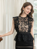 ERUKEI/S33255/ミニドレスワンピース/パーティー/結婚式/二次会/総レース/ペプラム/ノースリーブ