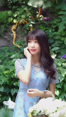 ERUKEI/C2651/エルケイ/ブルー/パープル/花柄/半袖/袖あり/チュール/Aライン/ミディアムドレス/ワンピース