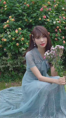 ERUKEI/C2710/グリーン/リボン/ドット/花柄/半袖/チュール/レース/Aライン/ミディアムドレス/ワンピース