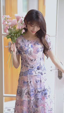 ERUKEI/C2712/ピンク/花柄/半袖/チュール/レース/Aライン/ミディアムドレス/ワンピース