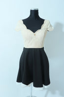 M-7/ワンピース/ミニドレス/袖ありドレス/ツーカラー/フリルスカート/レース/プチプラドレス